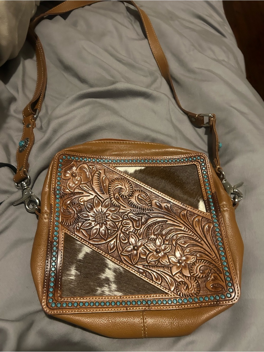 Tan Tooled Leather Crossbody Bag with Turquoise Accents
